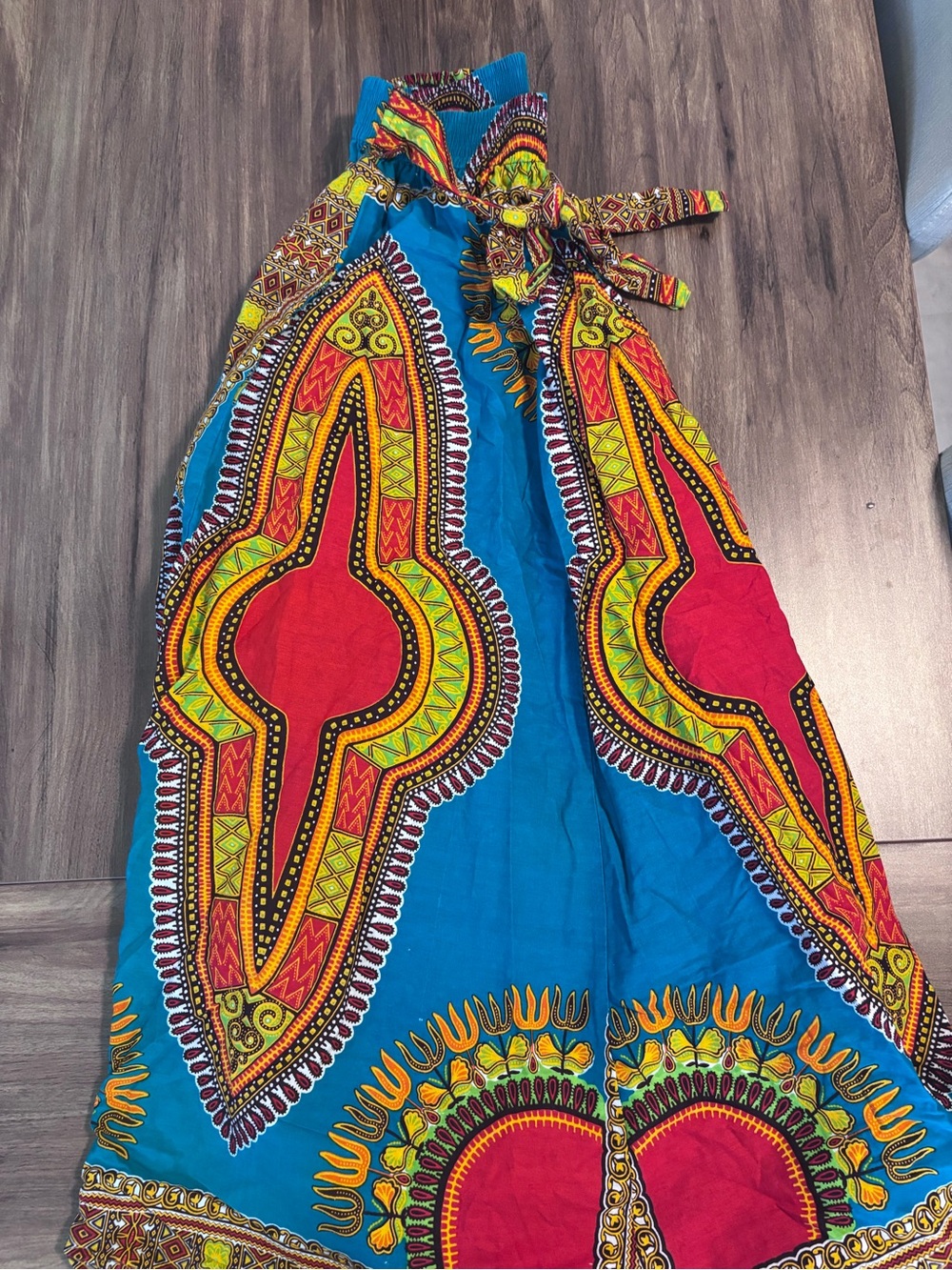 Blue African Print Maxi Skirt with Red and Yellow Accents